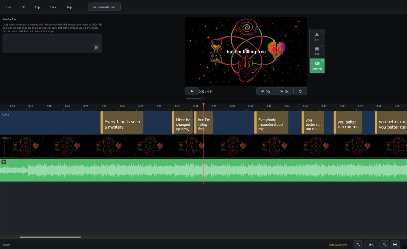 The Nyvo editor with a four-minute song loaded: lyric clips
              reading "Everything is such a mystery" and
              "Everybody misunderstood me" across the timeline, album
              artwork on the video track, the audio waveform below, and the
              current line drawn over the artwork in the preview.