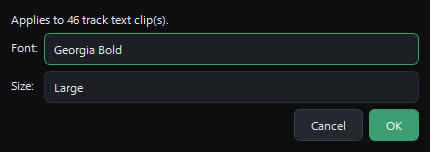 Nyvo's text style dialog, with a font list set to Georgia Bold
                and a size list set to Large, applying to 46 clips.